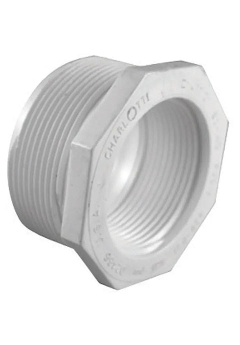 PVC Reducer Bushing Mpt To Fpt 2 Inch By 1-1/4 Inch White Schedule 40 Plumbing Fittings For Potable Water And Irrigation Solvent Cement Ready No Special Tools Needed, white threaded PVC reducer bushing