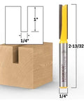 Straight Router Bit With 1/4-Inch Diameter And 1-Inch Cutting Length, 1/4-Inch Shank For Dados And Straight Cuts, Ideal For Woodworking Pros, Joinery And Cabinetry, Premium Carbide Blades For Sharp, Long-Lasting Performance, Model 14022Q shown next to wood block with dado cut