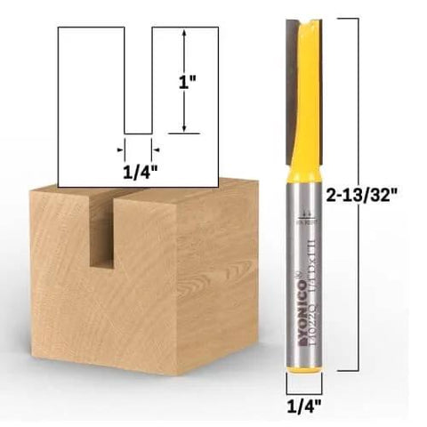 Straight Router Bit With 1/4-Inch Diameter And 1-Inch Cutting Length, 1/4-Inch Shank For Dados And Straight Cuts, Ideal For Woodworking Pros, Joinery And Cabinetry, Premium Carbide Blades For Sharp, Long-Lasting Performance, Model 14022Q shown next to wood block with dado cut