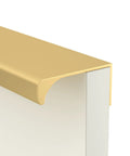 Five Pack Finger Edge Pulls For Gold Cabinet Hardware And Drawer Handles, Elegant Kitchen Tab Pulls, close-up view on cabinet corner