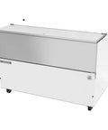 Straight Up Commercial Cold Wall Milk Cooler Built Like A Rock With Stainless Interior And Fresh White Exterior Single Door Beverage Case featuring heavy-duty casters.