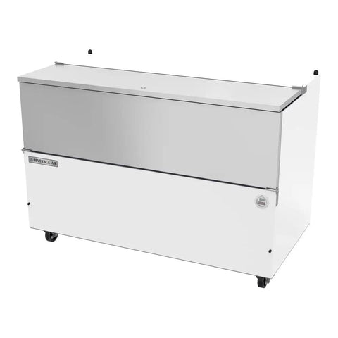 Straight Up Commercial Cold Wall Milk Cooler Built Like A Rock With Stainless Interior And Fresh White Exterior Single Door Beverage Case featuring heavy-duty casters.