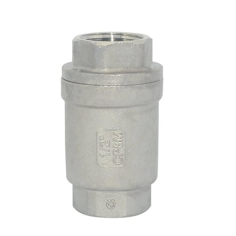 1/2-in stainless steel NPT female inline check valve, spring-loaded, low cracking pressure
