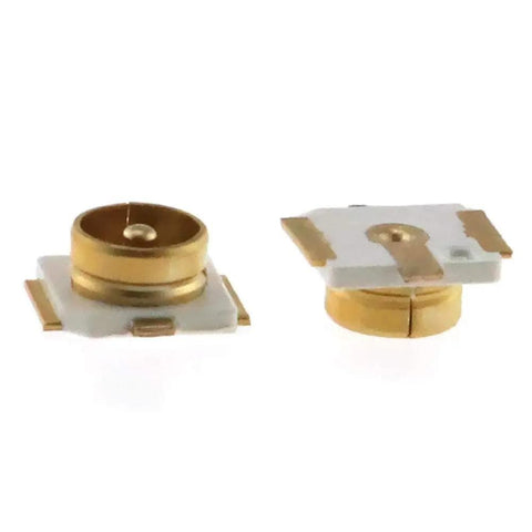 4 Pack IPEX IPX UFL SMD Coax RF Connector Solder Socket For PCB Mount Female Antenna Block 50 Ohm 0 To 6 GHz Minus Forty To Ninety Celsius 60V AC 20 Milliohm Great For DIY SDR RC IoT Projects, two connectors close-up view.