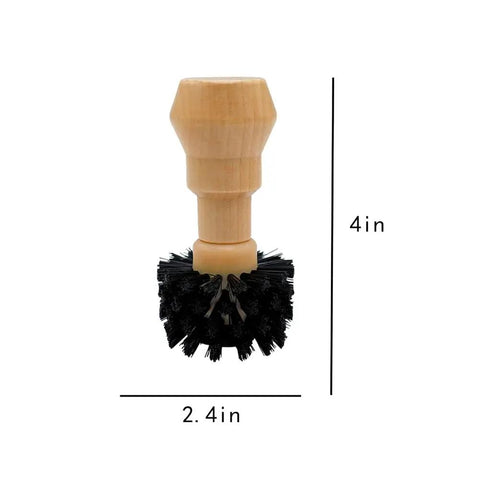 Espresso Portafilter Cleaning Brush with wood handle and stiff nylon bristles, 4-inch length, 2.4-inch diameter.