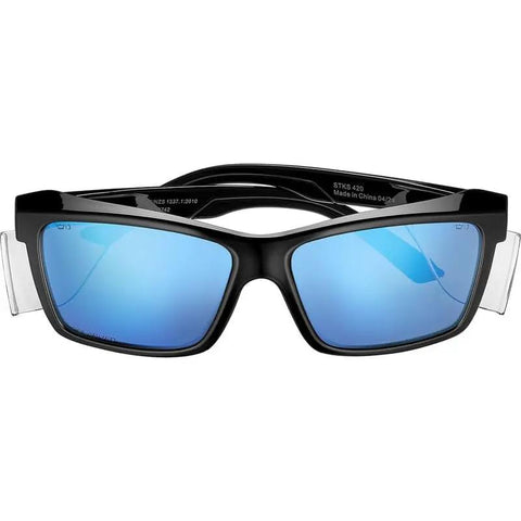 Heavy Duty Full Frame Shield Safety Glasses With Kickass Polarized Cobalt Mirror Lenses For Killer Clarity And Hella Anti Fog Anti Scratch Protection Built Tough For Outdoor Tasks And Driving, front view highlighting the cobalt mirror lenses.