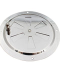 Front view of round 5-inch marine-grade 316 stainless steel air louver vent with side-knob opening