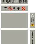 Compliance symbols and safety icons on product packaging; includes recycling, electrical caution, and 'Made in China' text.