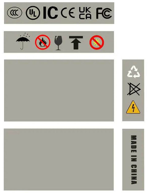 Compliance symbols and safety icons on product packaging; includes recycling, electrical caution, and 'Made in China' text.