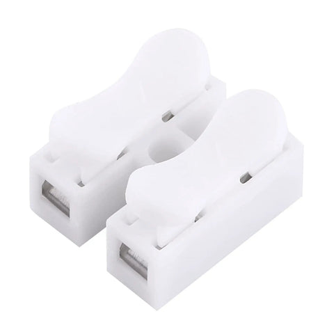 Front view of 2 Pin Quick Connect Wiring Terminals Kit, 100-Piece Assortment, Easy Snap Splice Connectors, white insulated clamps