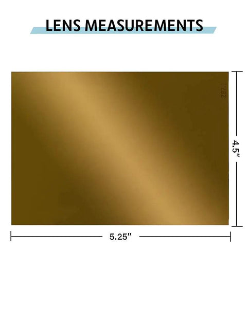 Top Tier Large Welding Lens With Slick Gold Coating Yields Rock Solid Shade 11 Protection Covering 4.5 X 5.25 Inches, showing dimensions.