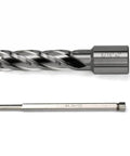 Side view of two-piece annular cutter set with Weldon shank (9/16 in dia, 2 in depth) and long HSS drill bit