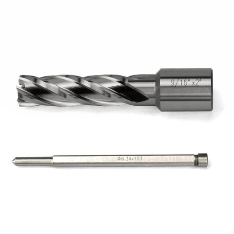 Side view of two-piece annular cutter set with Weldon shank (9/16 in dia, 2 in depth) and long HSS drill bit