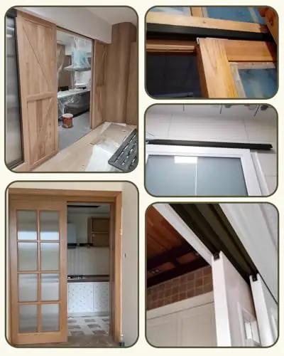Heavy Duty Sliding Door Hardware Kit With Smooth Track And Hanger System For Cabinets And Garage Doors Quiet Operation Rock Solid Durable Steel And Nylon Pulleys Super Easy Installation Ideal For Home Renovation And Smart Storage Solutions installed on wood and glass sliding doors