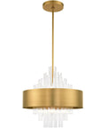 Absolute Flex Eight Light Natural Brass Pendant Chandelier With Sculpted Drum Shade And Dazzling Clear Crystal Rods For Upscale Living Areas That Turn Heads On A Dime, featuring a sleek gold finish and crystal rods.