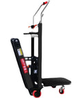 Heavy Duty Electric Stair Climber Cart That Lets You Haul Like A Boss While Saving Your Back And Keeping Things Totally Upright For Easy Moving Up Or Down Any Flight Of Stairs Today, angled view showing steel frame, small platform, and wheels.