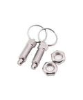 Rugged Stainless Steel Indexing Plunger With Smooth Grip Ring Handle And Retractable Pin For No Hassle Machine Alignment And Dependable Shop Floor Positioning Runs, shown with nuts and key rings.