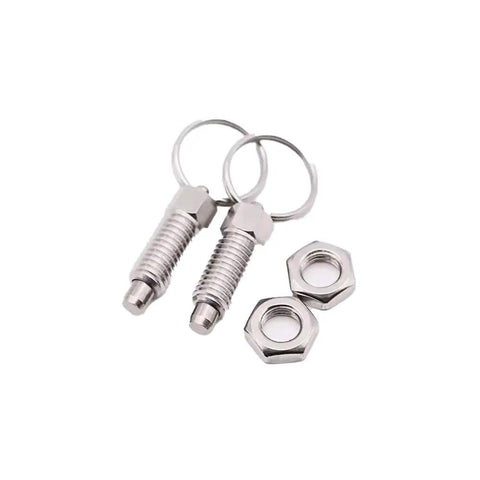Rugged Stainless Steel Indexing Plunger With Smooth Grip Ring Handle And Retractable Pin For No Hassle Machine Alignment And Dependable Shop Floor Positioning Runs, shown with nuts and key rings.