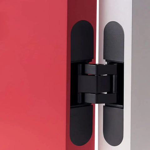Slick Invisible Door Hinges With 3D Adjustable Bearing Concealed Fixing Slow Close Zinc Alloy Butt Hinge in black on red and white doors.