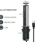 Smooth Setup Pop Up Countertop Outlet With 1.8 Meter Extension Cord US Type Plug Built In Safety Shutters Grounded Port, USB ports and dimensions shown.