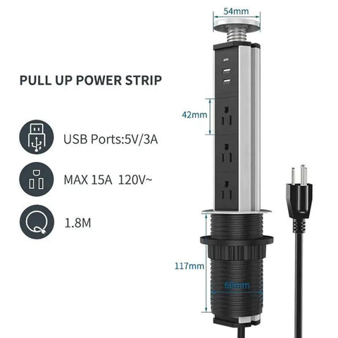 Hassle Free Pop Up Desktop Power Strip With 1.8 Meter Extension Cable flush mount design with USB and US plug ports.