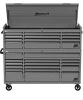 72 Inch Grey Steel Rolling Tool Chest Combo With Hutch Loaded With Heavy Duty Mobile Workshop Drawers Fitted With Smooth Locking Casters open top view