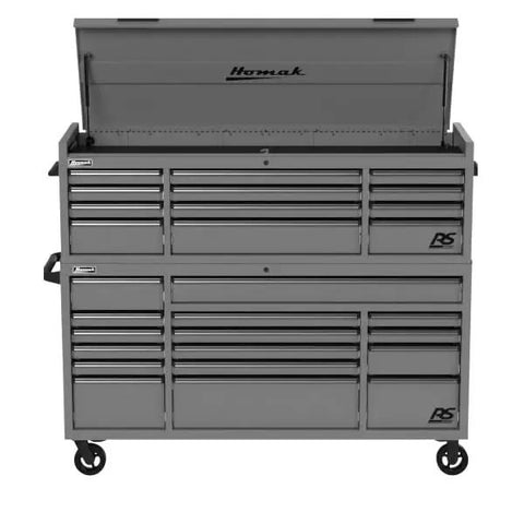 72 Inch Grey Steel Rolling Tool Chest Combo With Hutch Loaded With Heavy Duty Mobile Workshop Drawers Fitted With Smooth Locking Casters open top view