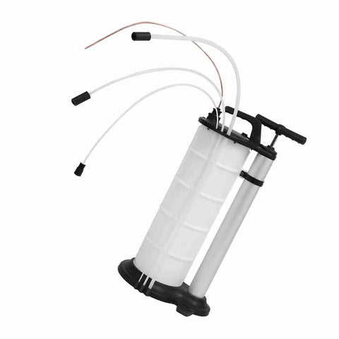 Slick Hand Pump For Quick Fluid Transfer! This 9L Manual Extraction Tool features a white tank and multiple hoses for fluid transfer.