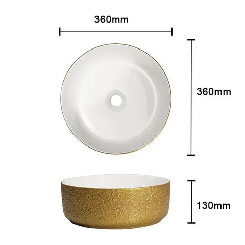 Bathroom Sink Retro Household Golden Round Sink Light Luxury Texture Pattern Bathroom Above Counter Basin Balcony Wash Basin Bathroom Sink Vessel, 360 * 360 * 130Mm top view dimensions