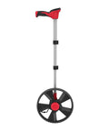 Built Different 12 Inch Digital Measuring Wheel Featuring Smooth Rubber Treader And Sturdy Spoked Frame, side view with pistol grip.