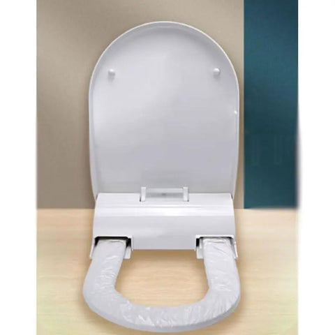 Smart Automatic Toilet Seat Cover Dispenser With Heated Roll Replacement For Modern Bathrooms Hygienic White Design viewed from the front.