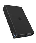 Dual Bay 2.5 Inch Sata Enclosure With Usb C Type Port For Ssd And Hard Drives, Blazing Fast 10Gbps Data Sync, Heavy Duty Aluminum Chassis In Sleek Black angled view showing ports.