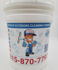White bucket with logo for Superior Exteriors Cleaning Company, featuring a cartoon character and contact info.