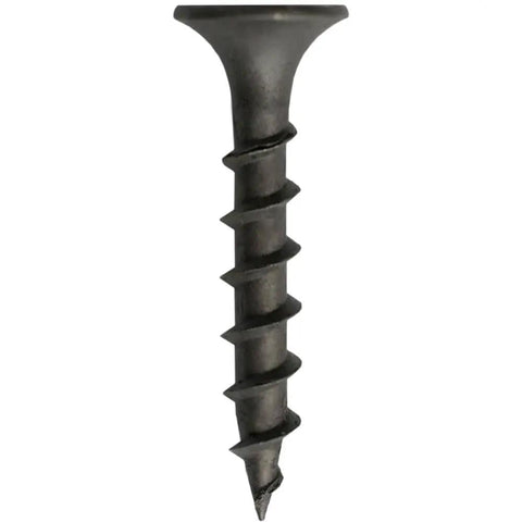 Close-up view of a Six By One Inch Bugle Head Drywall Screw With Coarse Thread And Sharp Point For Quick And Easy Drywall Jobs In Home Reno Projects One Pound Box That You Can Bang Out Fast.