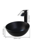 Black Ceramic Vessel Sink With Faucet And Drain Set For Above Counter Use, Round Bowl, Waterfall Spout, 12.8 x 5.8 inches
