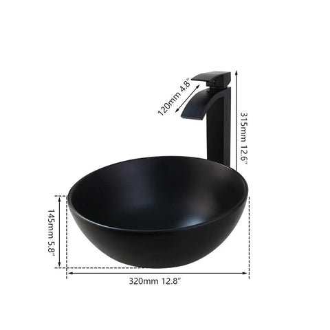 Black Ceramic Vessel Sink With Faucet And Drain Set For Above Counter Use, Round Bowl, Waterfall Spout, 12.8 x 5.8 inches