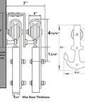 Diagram of Black Rustic Double Track U Shape Bypass Sliding Barn Door Hardware Kit For Two Doors With Seven Point Five Feet Flat Track And Anchor Rollers.