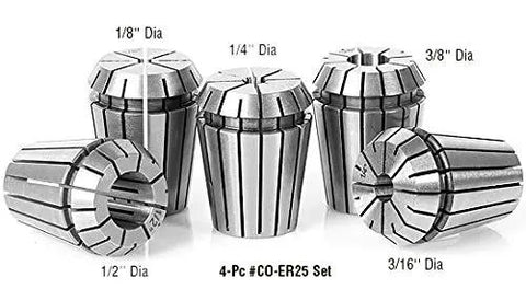 ER25 spring collet set showing various sizes, highlighting 3/8 inch diameter, for CNC router tool holder with rock solid spindle grip.