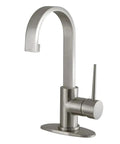New York Single Handle Bathroom Faucet In Brushed Nickel Solid Brass Construction Drip Free Ceramic Disc Cartridge Deck Mount 1.2 GPM Flow At 60 PSI Spout Clearance Seven And Thirteen Sixteenths Inches Modern Vanity Upgrade