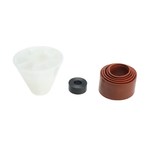 BTSHUB Universal Cam Bearing Tool Set, three-piece components: white plastic cone, black spacer, brown stackable rings.