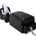 Heavy Duty Thermal Transfer Label Printer With Smooth 200 DPI Output And Zero Sweat Quiet Hustle Plug And Play Usb Lan Serial Port Setup For Wash Care Tags Jewelry Barcode Shipping Roll, side view showing labels.