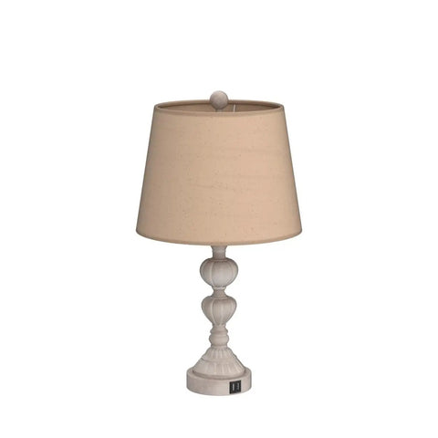 Coastal Farmhouse Table Lamps Set Of 2 With Touch Control, beige drum shade, washed white base with USB port, French country style