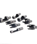 Set of eight high carbon steel tapered chamfered wood plug cutter drill bits for smooth carpentry work.