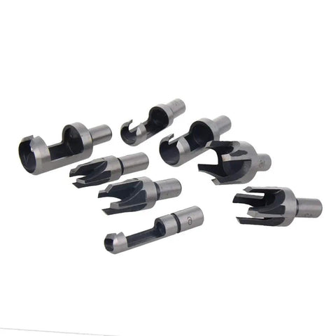 Set of eight high carbon steel tapered chamfered wood plug cutter drill bits for smooth carpentry work.