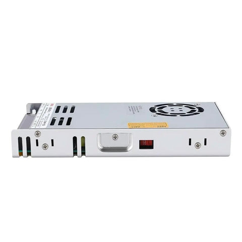 Side view of LRS-350-24 Switching Power Supply Dope 24V 14.6A Enclosed DC PSU, compact metal case, silver finish, vent and fan visible