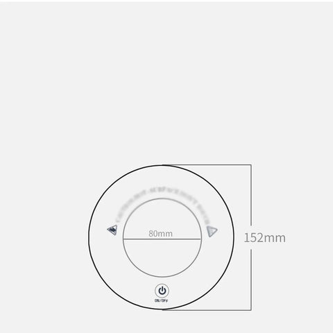 Top view of Kickass Smart Touch Cup Warmer Plate 15W showing dimensions, black design, and control button for home or office use.
