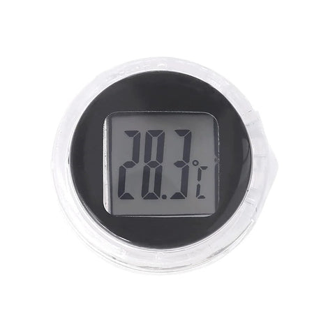 Digital thermometer with round display and silver bezel, waterproof stick-on unit showing 20.3°C