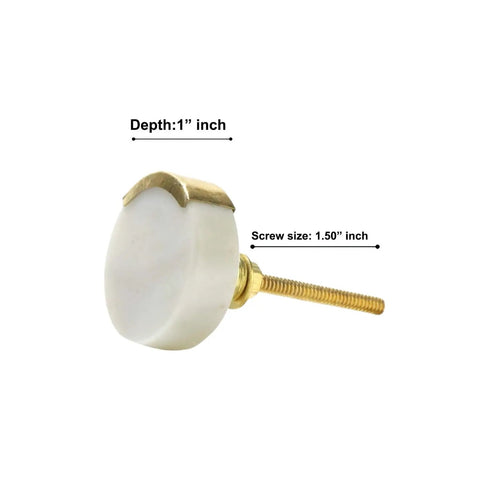 Side view of white round marble knob with 1-inch depth and 1.5-inch screw; Set Of 6 Marble Knobs For Cabinets And Drawers White Round Decorative