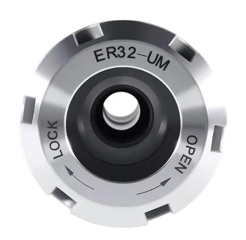 Top view of R8 Shank ER32 Collet Chuck for CNC Milling and Lathe Tools, showing lock and open mechanisms, ultra precision