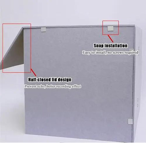 Portable Foldable Sound Booth For Home Studio Sessions And Podcasts Built With High Density Acoustic Cotton. Half-closed lid design.